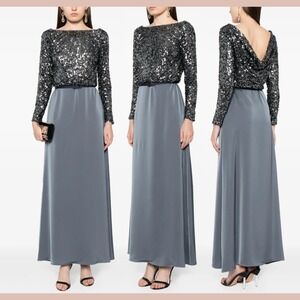 NWT $950‎ Sachin & Babi [ 4 ] Colette Belted Sequin & Satin Gown Gunmetal J1519